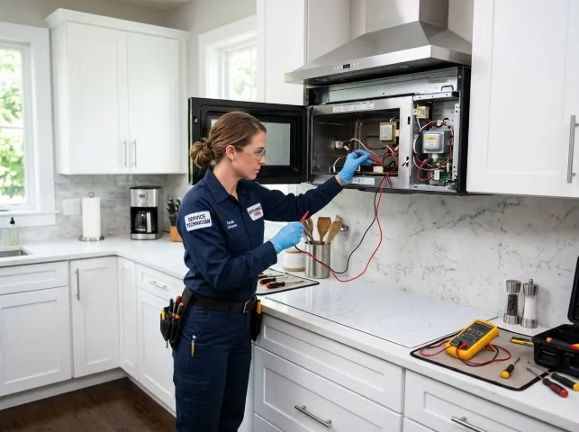 Appliance Repair Hero technician testing an over-the-range microwave in a Abington, MA kitchen